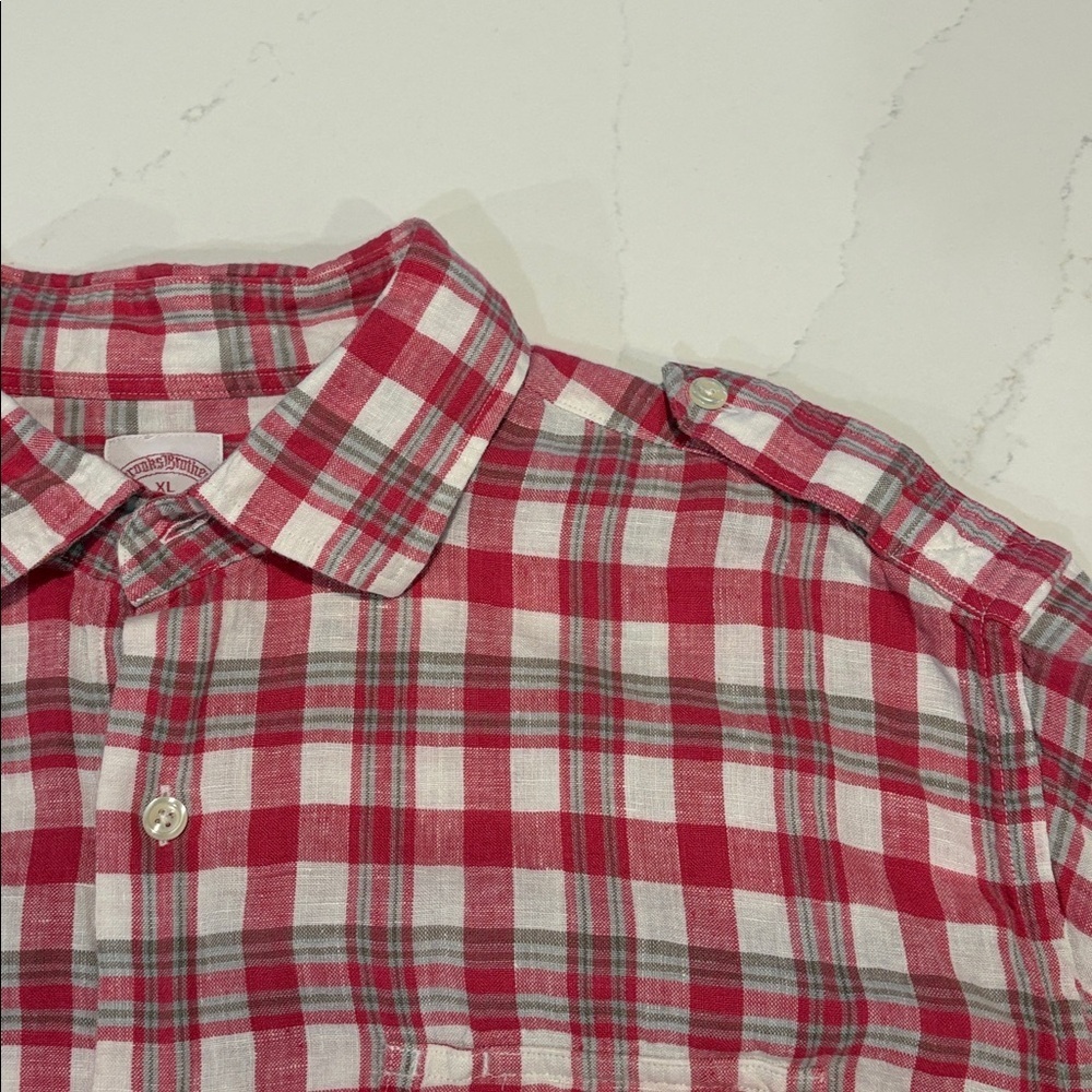 Brooks Brothers Linen Red and White Checkered Military Shirt Size XL - Picture 5 of 11